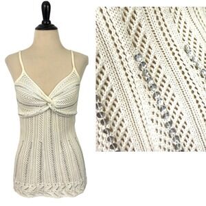 Crochet Lace Sequin Babydoll Y2K Sweater Tank TOP XS Sheer Cream Boho Festival